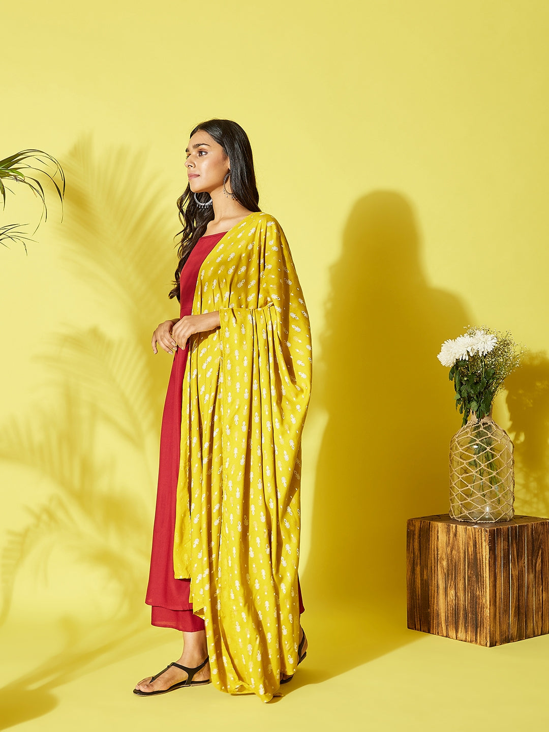 Maroon Strappy Kurta Palazzo Set With Mustard White Dupatta