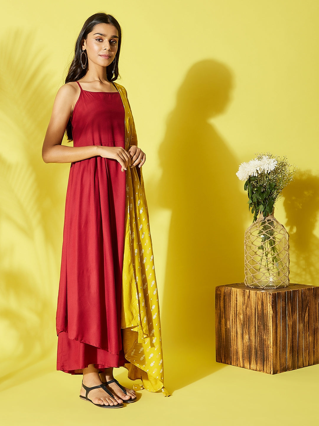Maroon Strappy Kurta Palazzo Set With Mustard White Dupatta