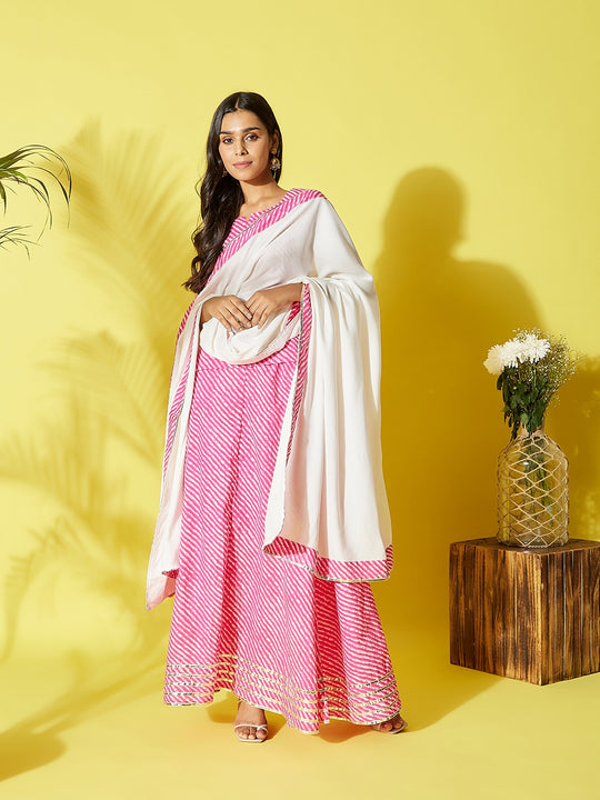 Pink Lehriya Top Set With Dupatta