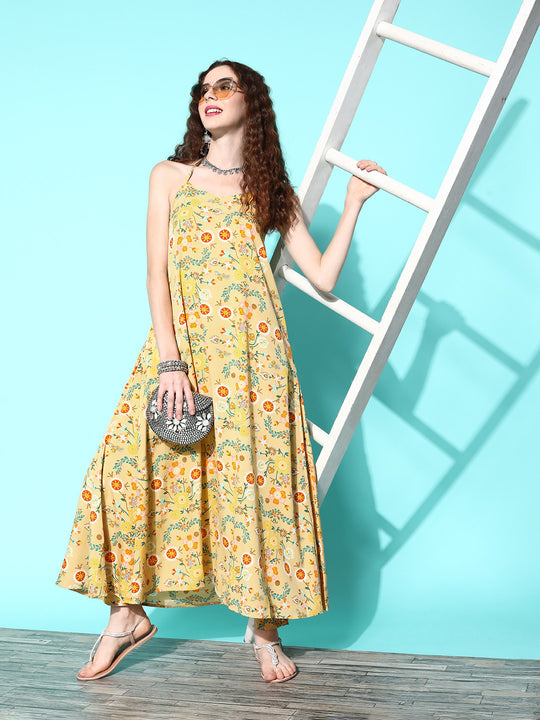 Yellow Print Back Less Long Kurta Pant Set