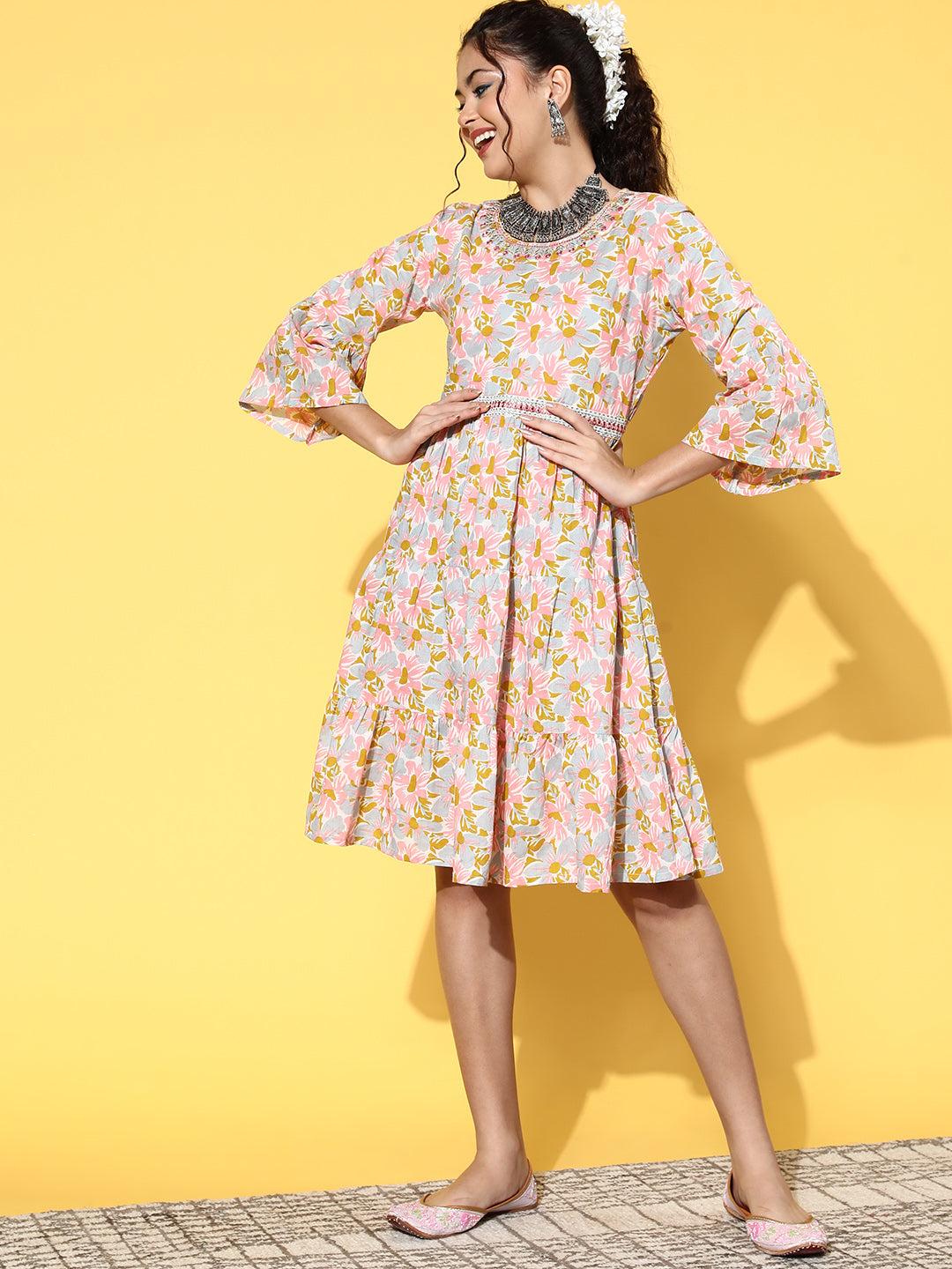 Peach Floral Print Belted Dress