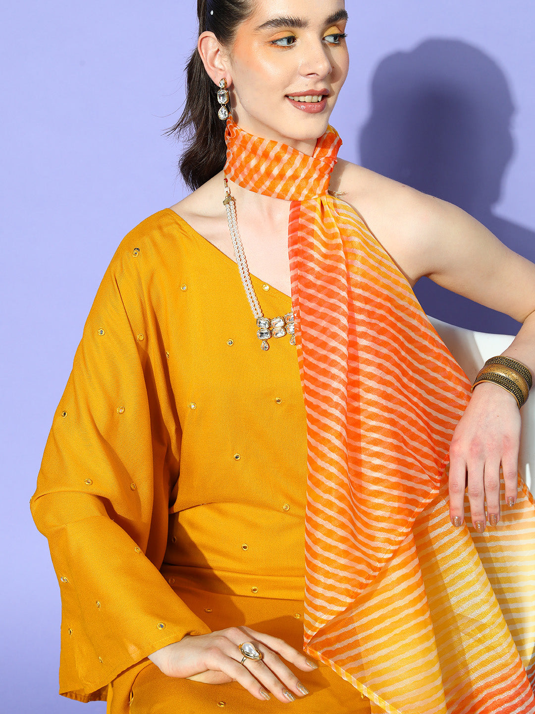 Mustard Mirror Work One Shoulder Kurta Set With Dupatta