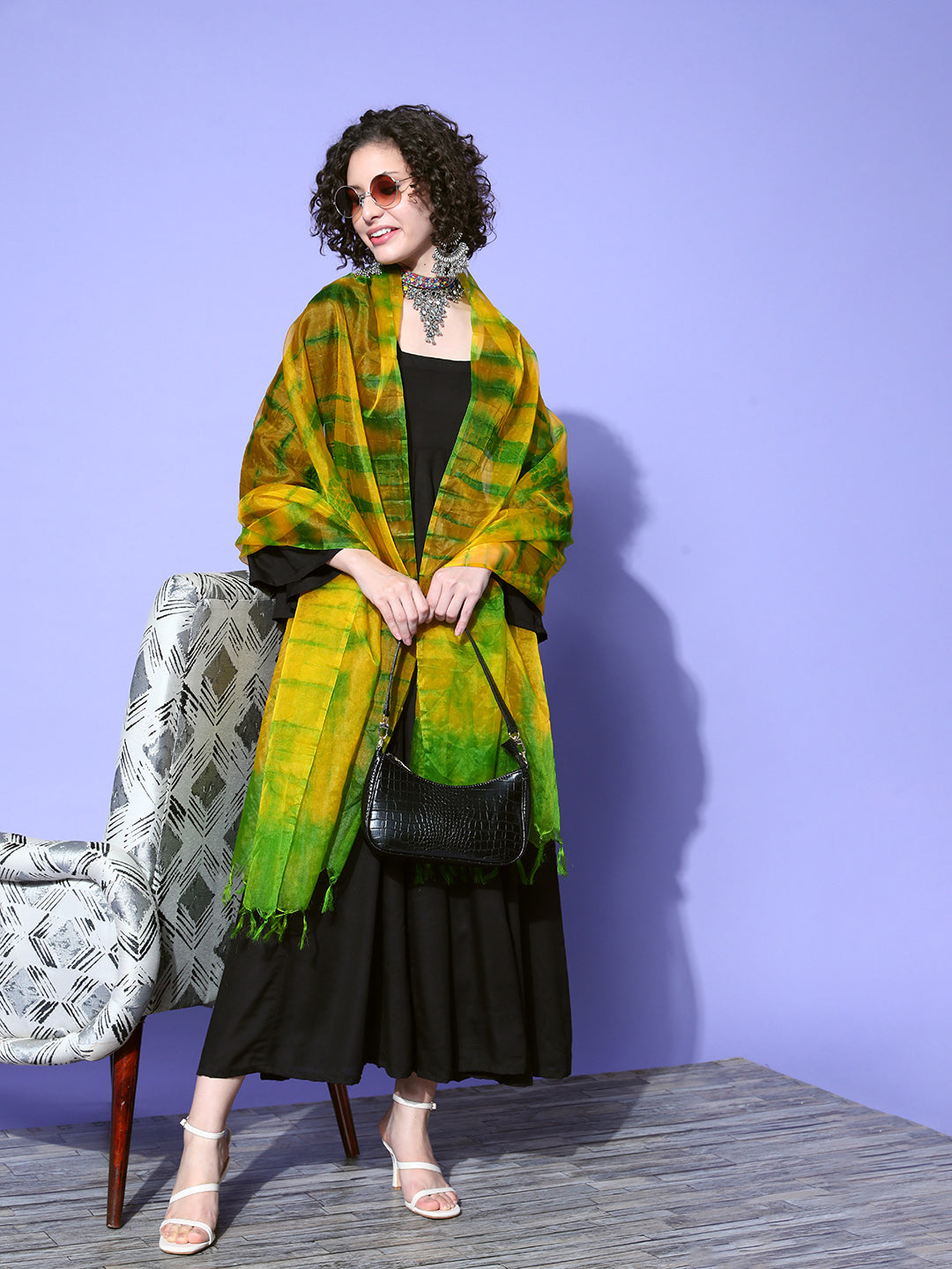 Solid Black Long Dress With Mustard Green Dupatta - InWeave Solid Black Long Dress With Mustard Green Dupatta - InWeave