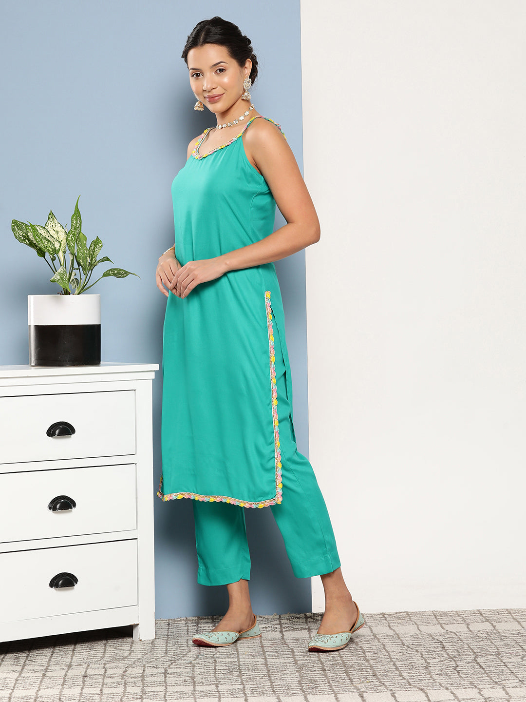 Teal Lace Work Straight Strappy Kurta Set With Lime Green Chiffon Dupatta