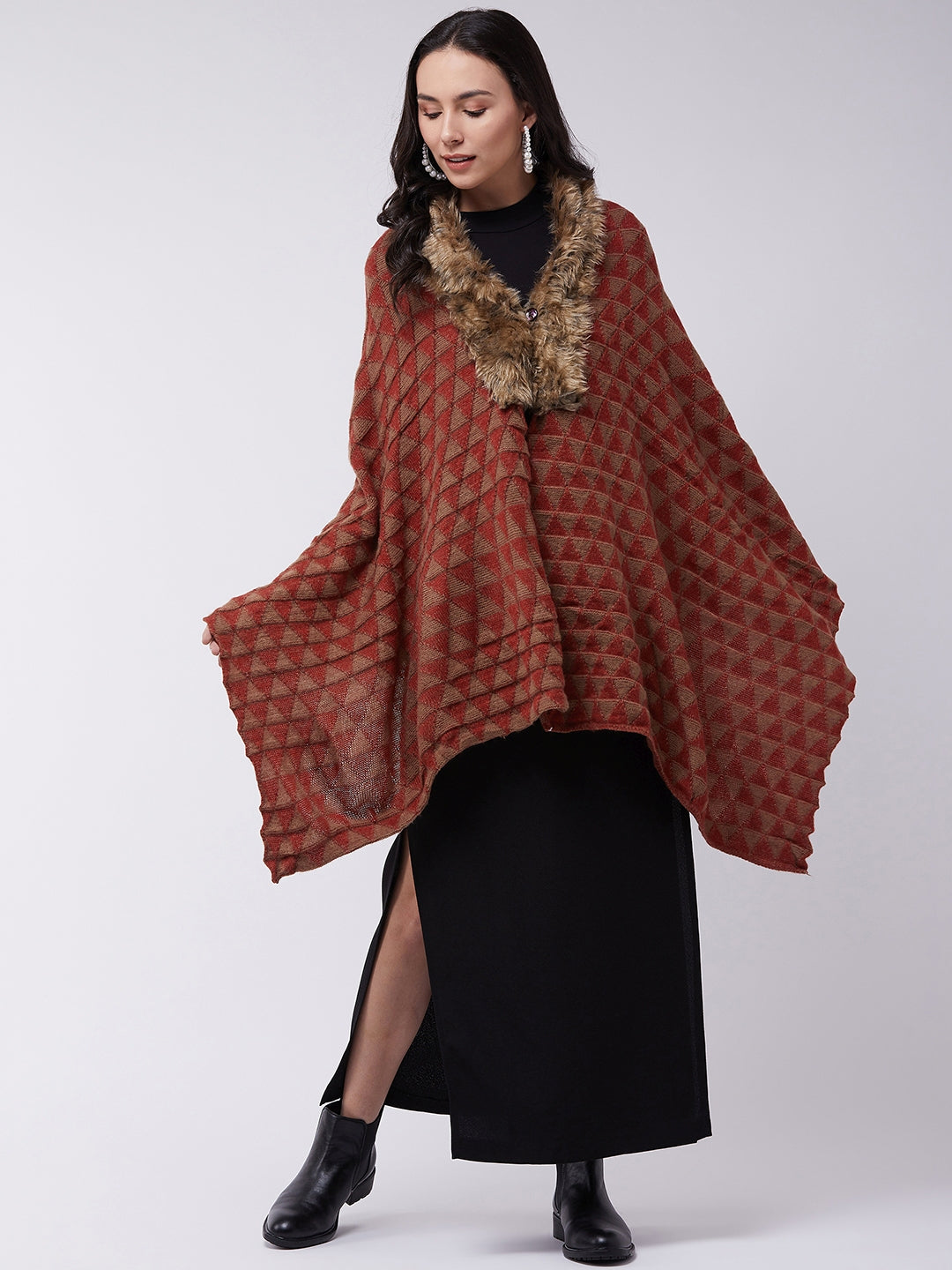 Red Geometric Faux Fur Cape