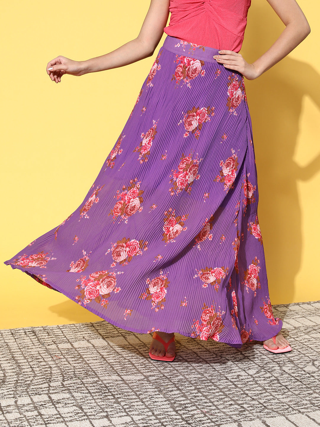 Purple Floral Print Pleated Skirt