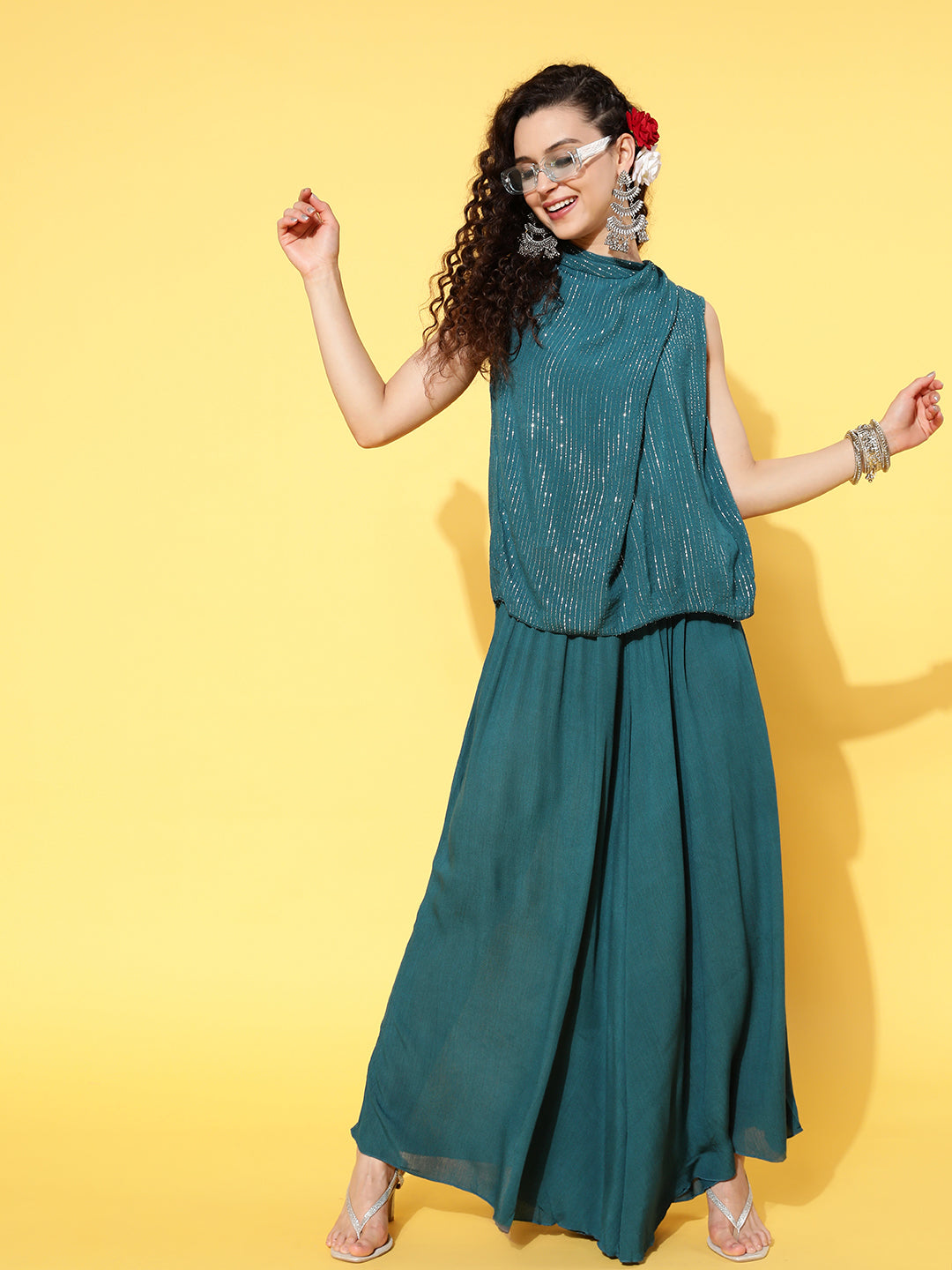 Teal Lurex Top With Flared Pallazo
