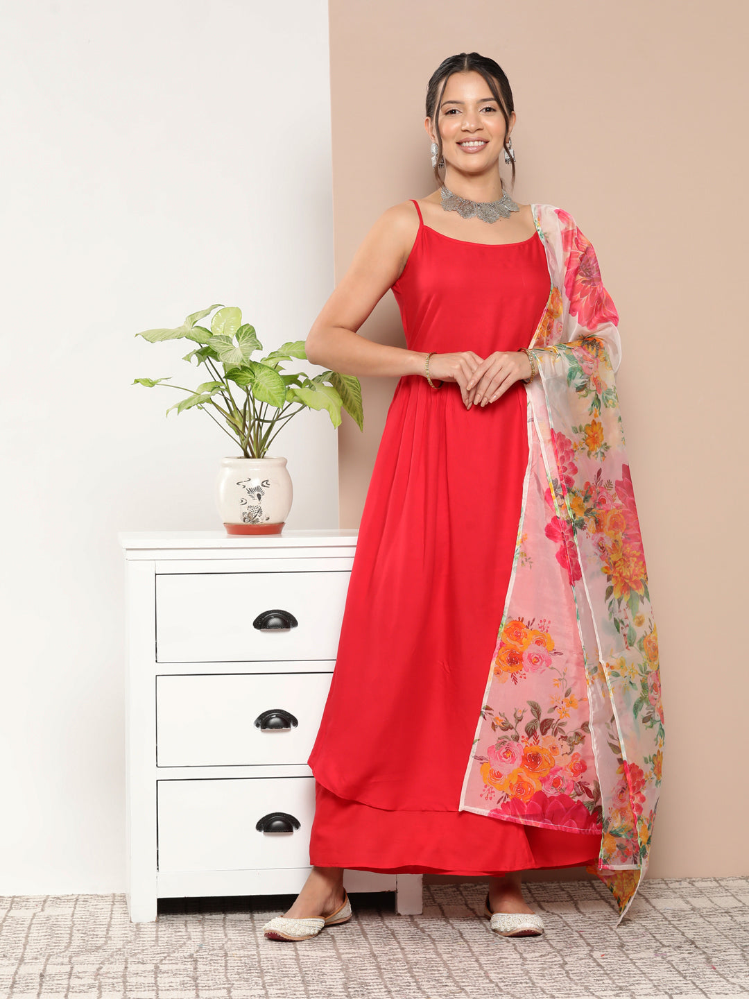 Red Strppy Set With Red Big Floral Print Dupatta