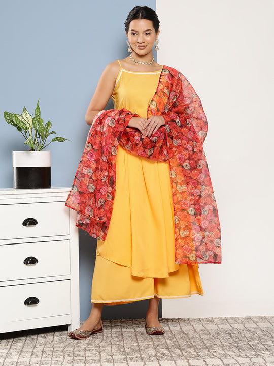 Cassatta Yellow Cr Strappy Set With Rose Print Dupatta