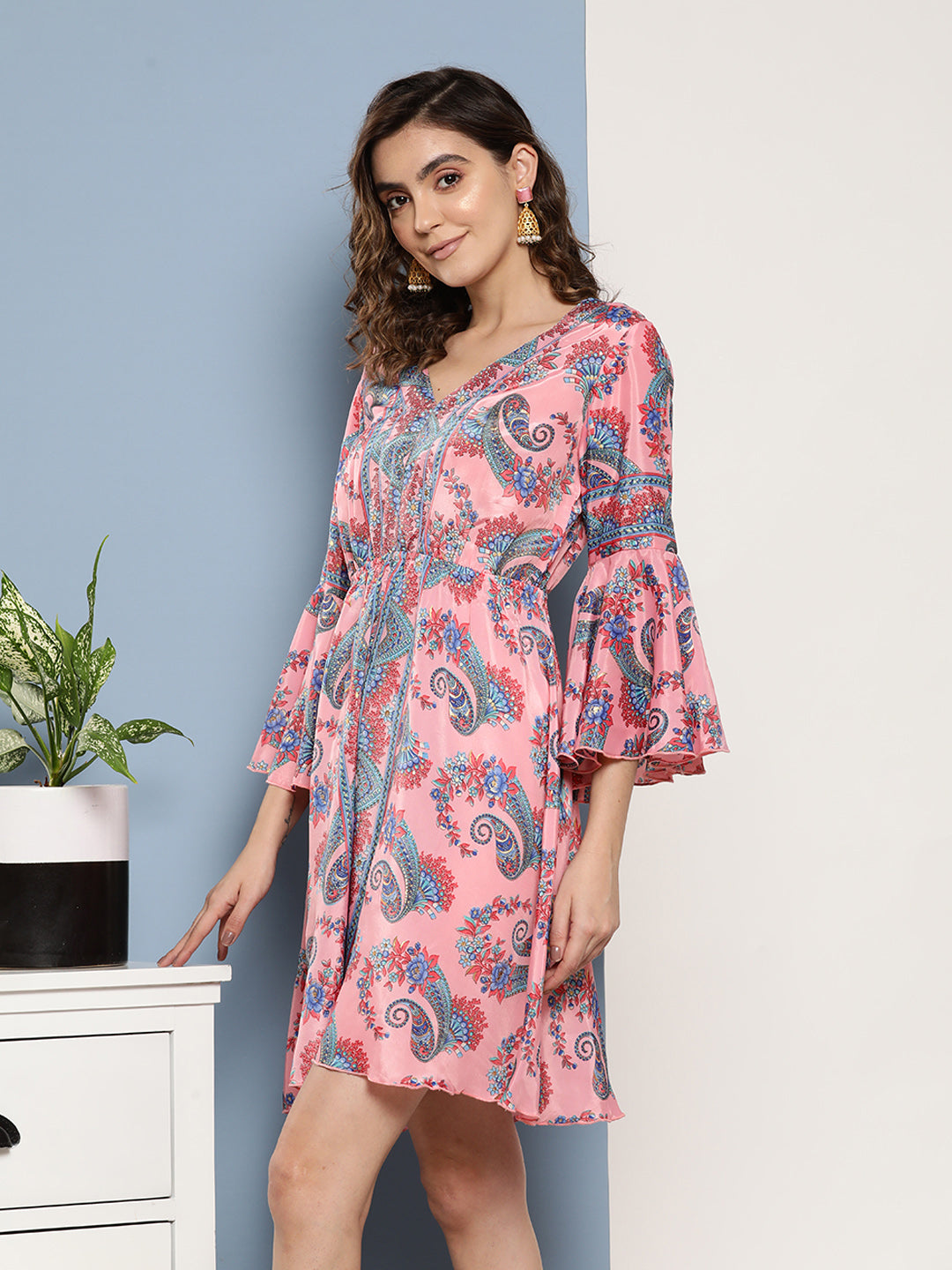 Pink Floral Blue Bell Sleeve Dress
