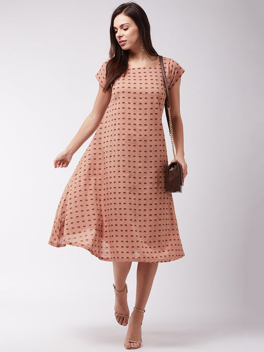 Brown Elephant Motif Midi Dress
