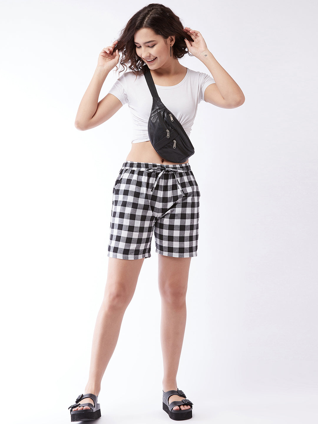 White & Black Check Shorts For Teens