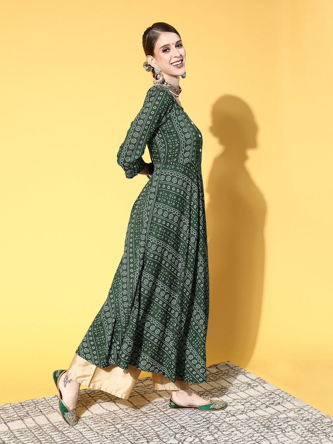 Green Bandhani Anarkali with Dupatta - InWeave Green Bandhani Anarkali with Dupatta - InWeave