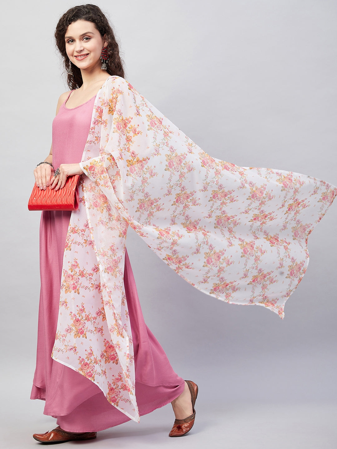 Light Pink Strappy Set W Cream Orange Print Ge Dupatta