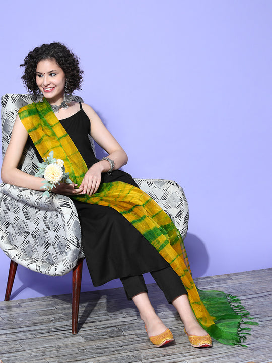 Black Strappy Kurta With Mustard Green  Dupatta