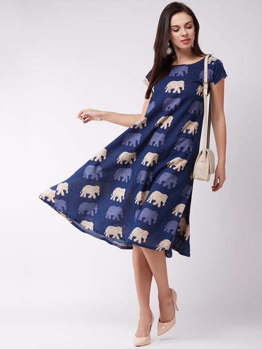 Blue Elephant Motif Midi Dress