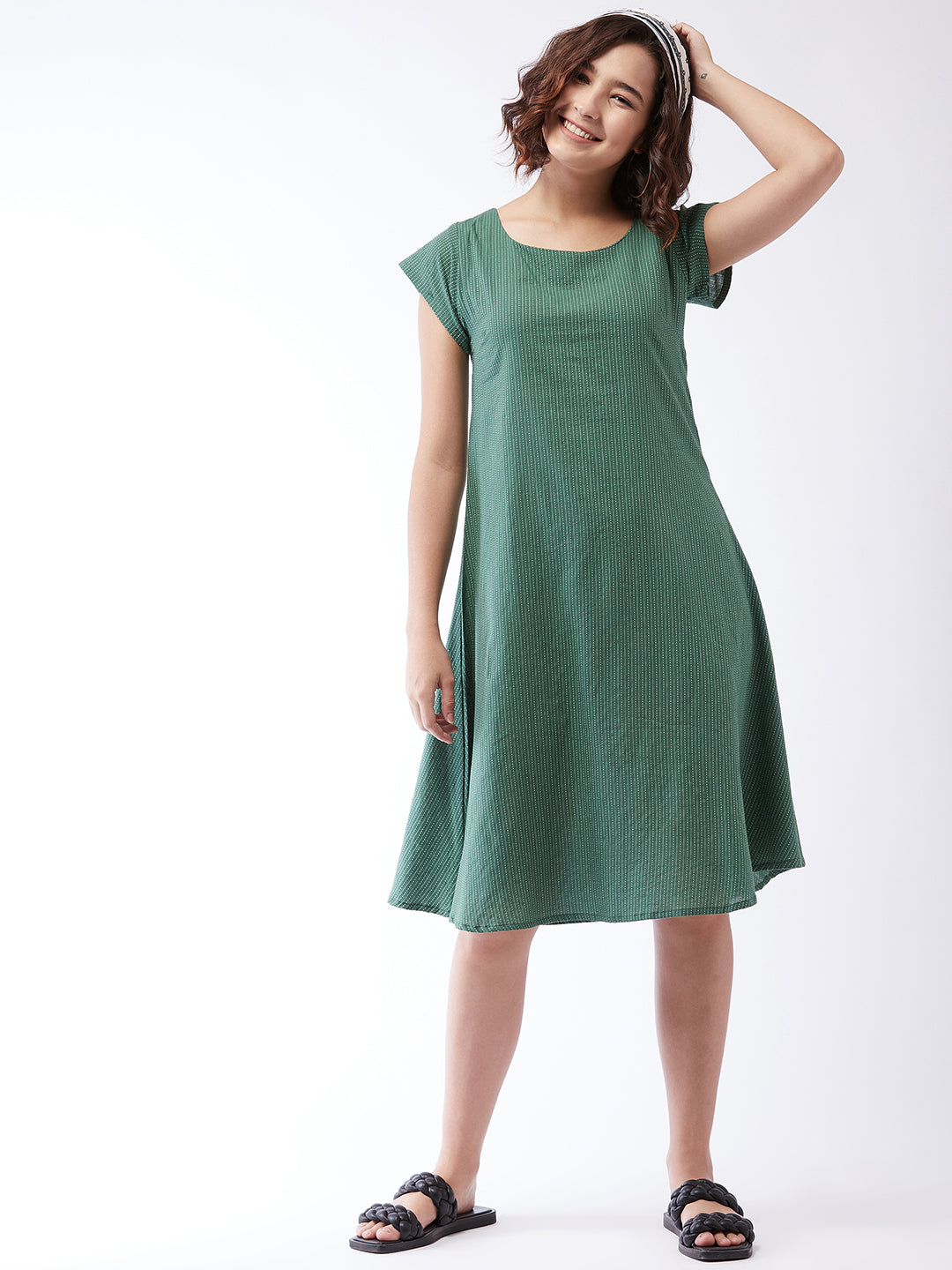 Dark Green Kantha A Line Dress For Teens