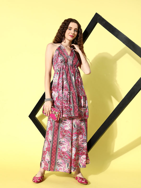 Pinkbase - Dark Pink Neck Border Backless Kurta Set