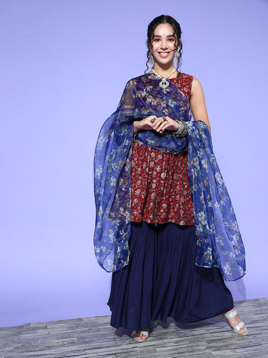 Burgundy Printed Kurta Sharara Set With Blue Organza Dupatta