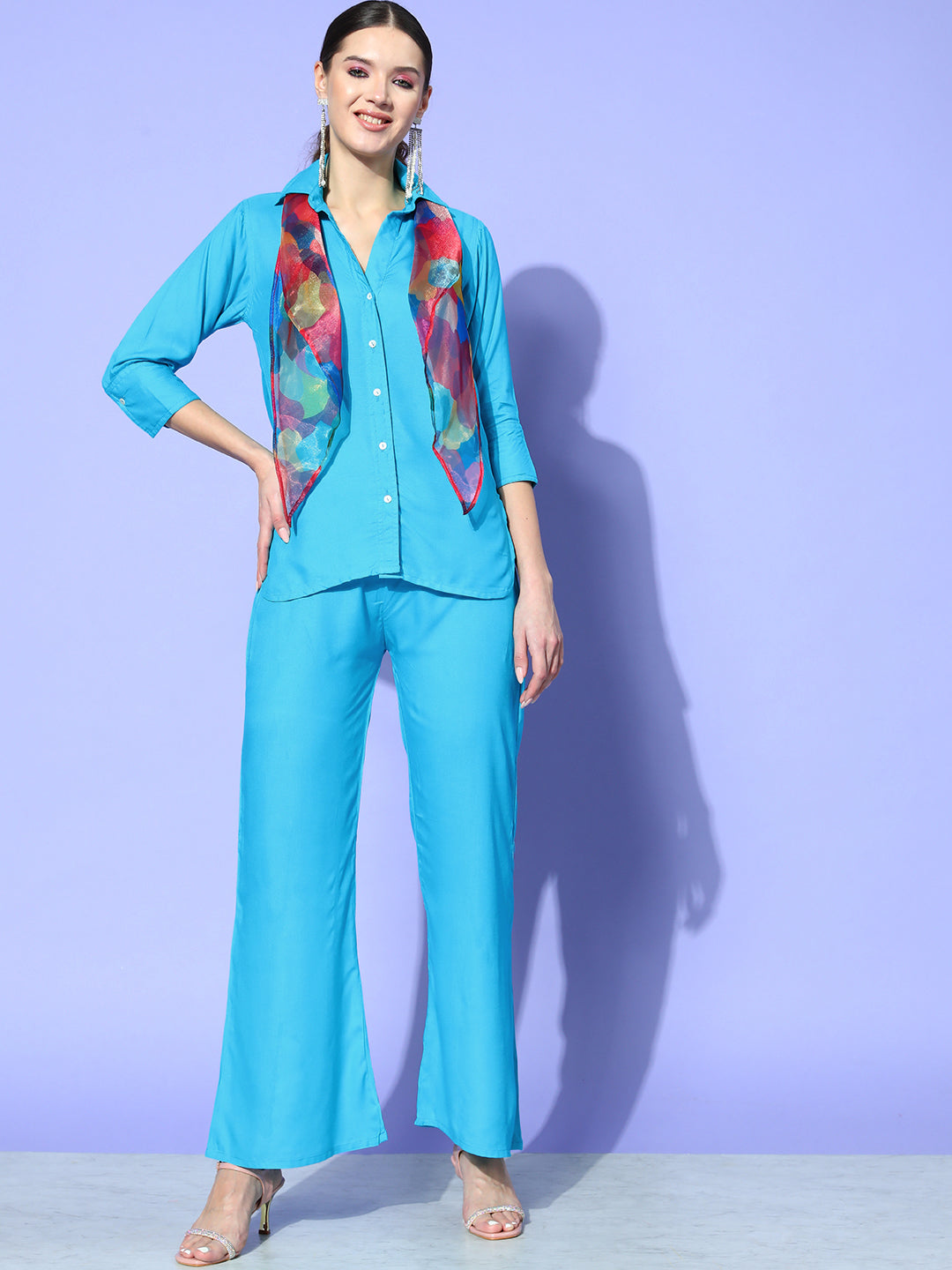 AQUA BLUE COORD SET WITH MAROON ABSTRACT SCARF