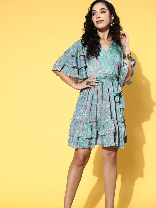 Sparky Blue Ruffled Tie Up Dress