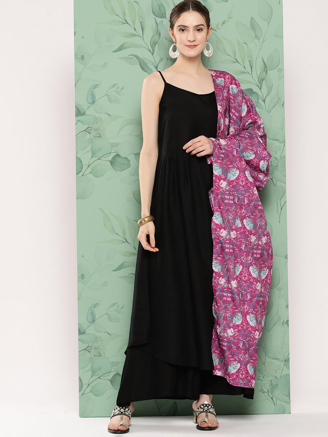 Black Strappy Set W Magenta Camelia Cr Dupatta