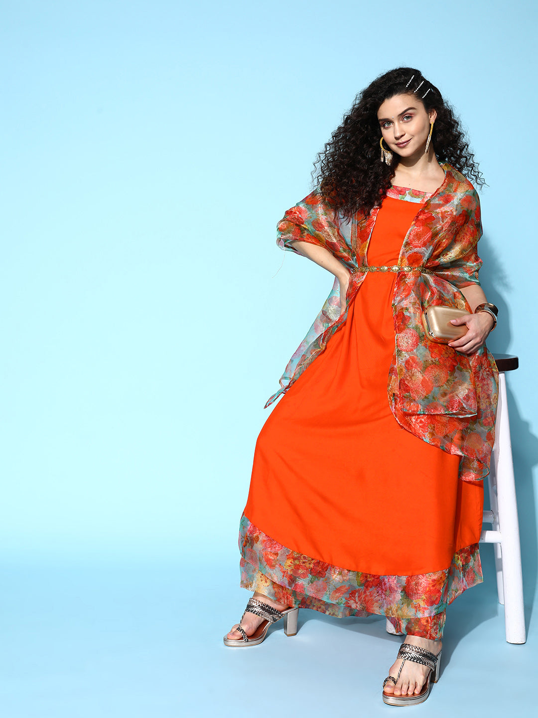 Orange Strappy Organza Border Kurta Set With Dupatta