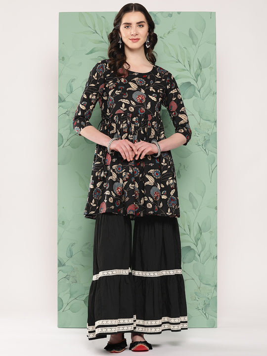 Black Tropical Sharara Set