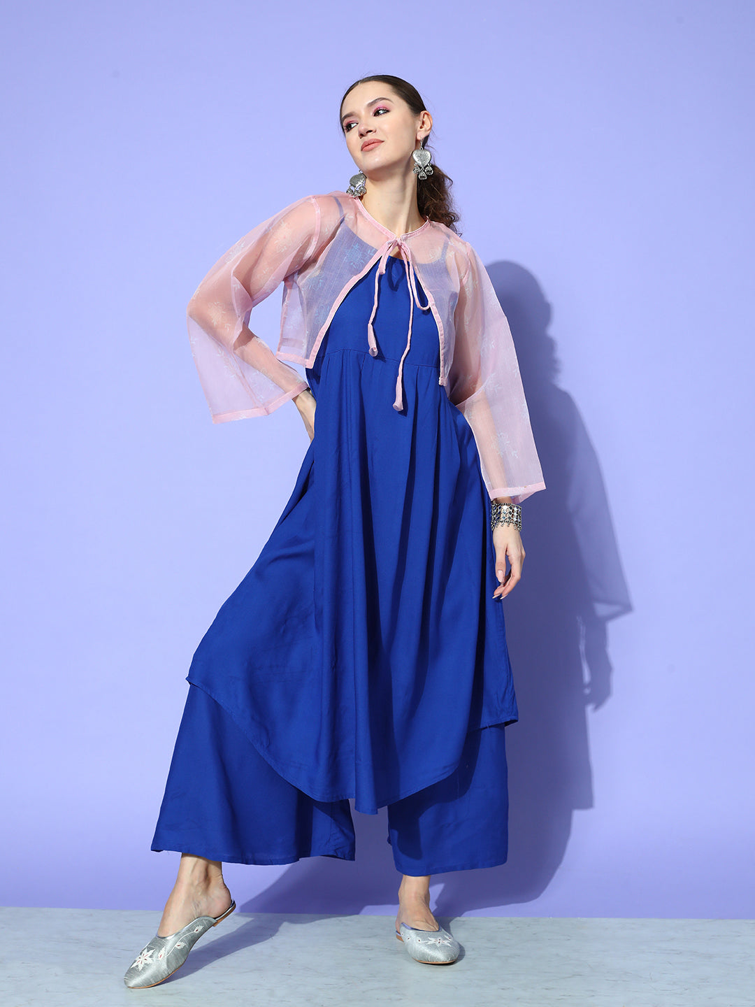 INK BLUE STRAPPY SET WITH PINK CHINTZ PRINT SHORT ORGANZA CAPE