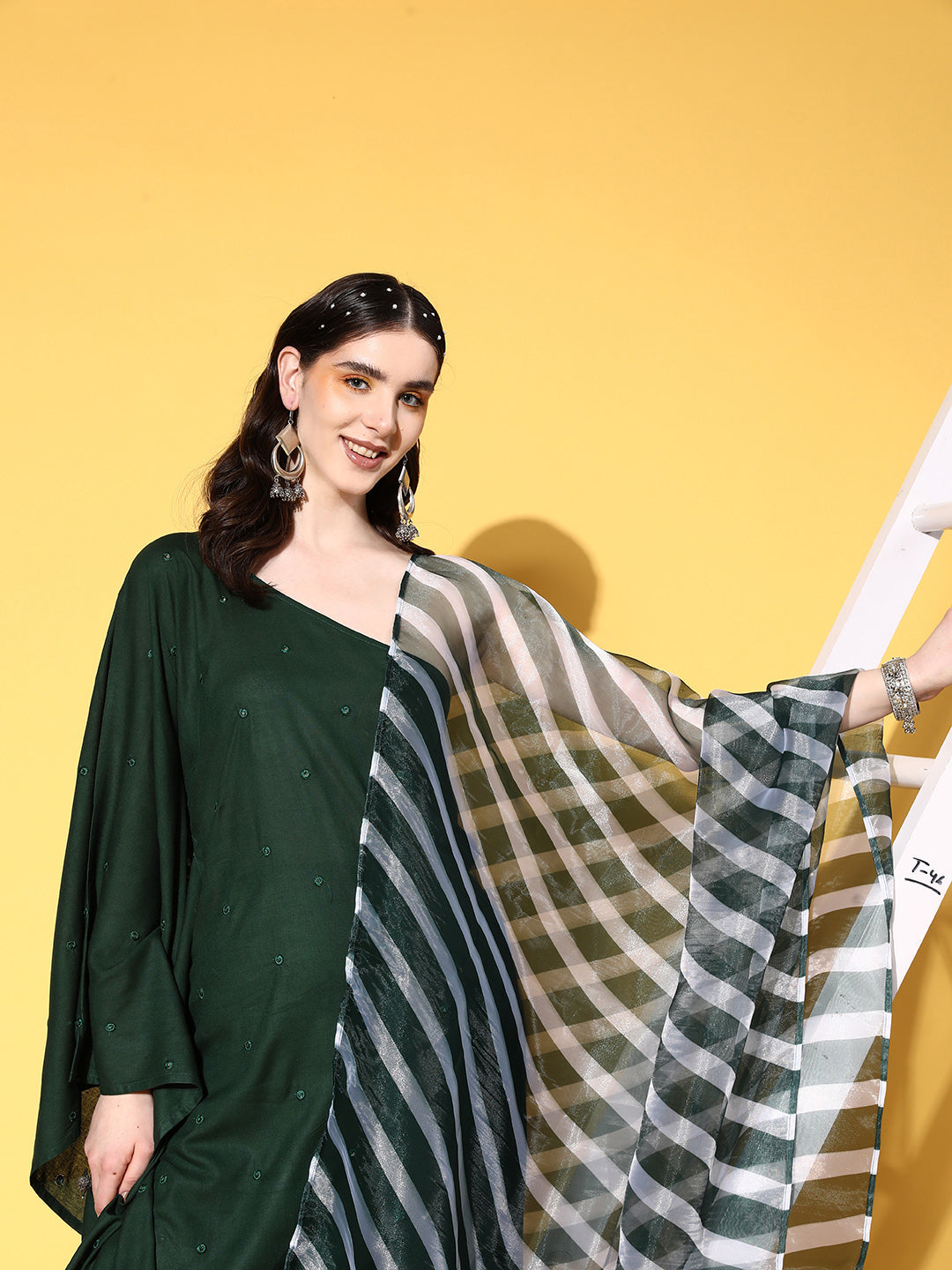 Green Mirror Work One Shoulder Kurta Set With Dupatta