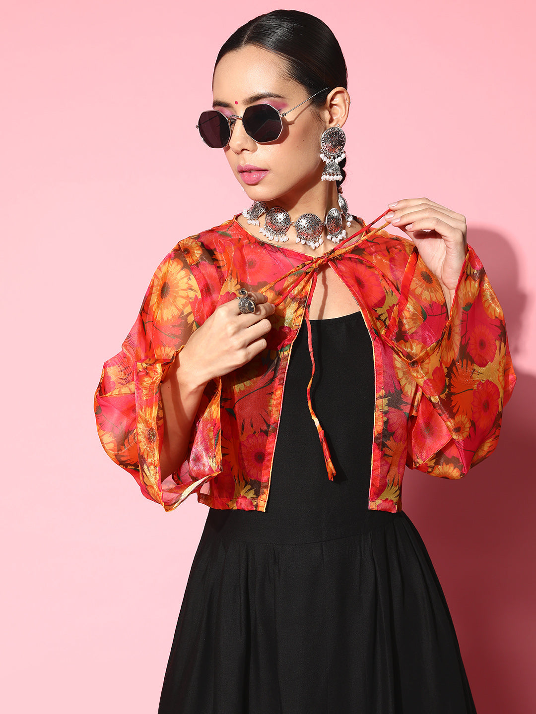 BLACK STRAPPY SET WITH PINK MUSTARD FLORAL SHORT ORGANZA CAPE