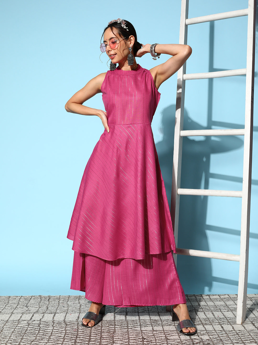 Pink Lurex Boho Sleevless Kurta Set