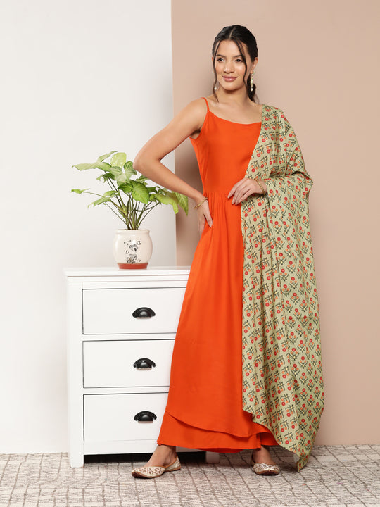 Orange Strappy Set With Green Micro Print Dupatta