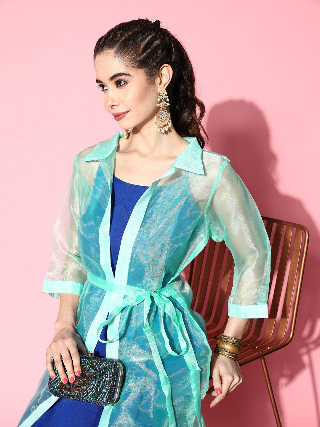 INK BLUE STRAPPY KURTA SET WITH TEAL ORGANZA CAPE