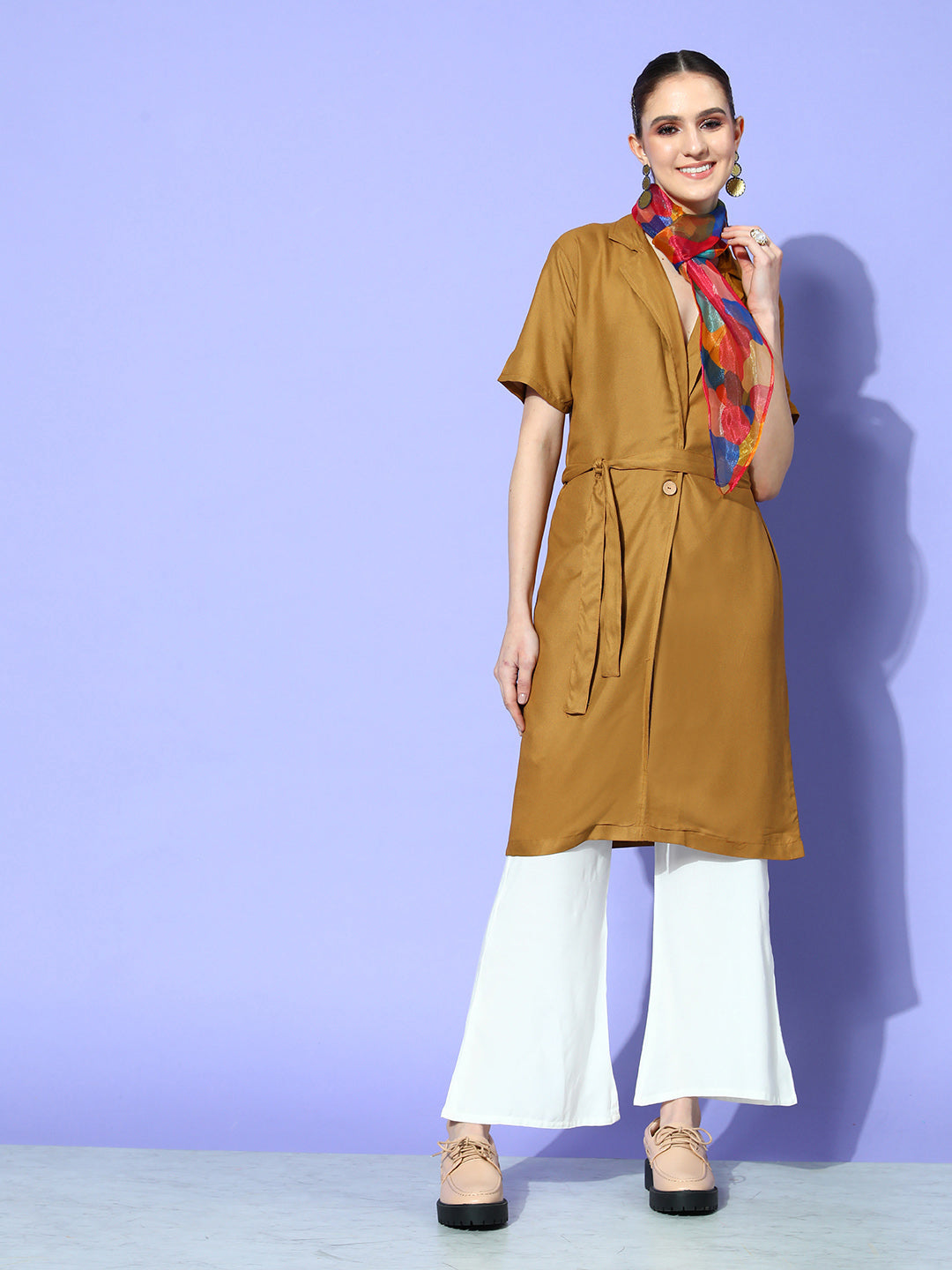 CAMEL BROWN CREAM PANT COORD SET WITH MAROON ABSTARCT SCARF