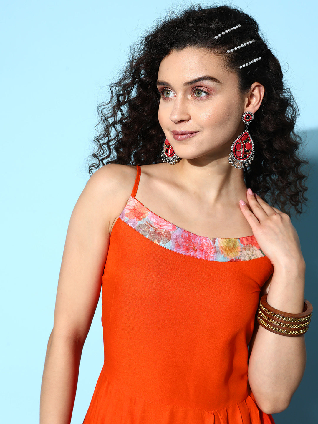 Orange Strappy Organza Border Kurta Set