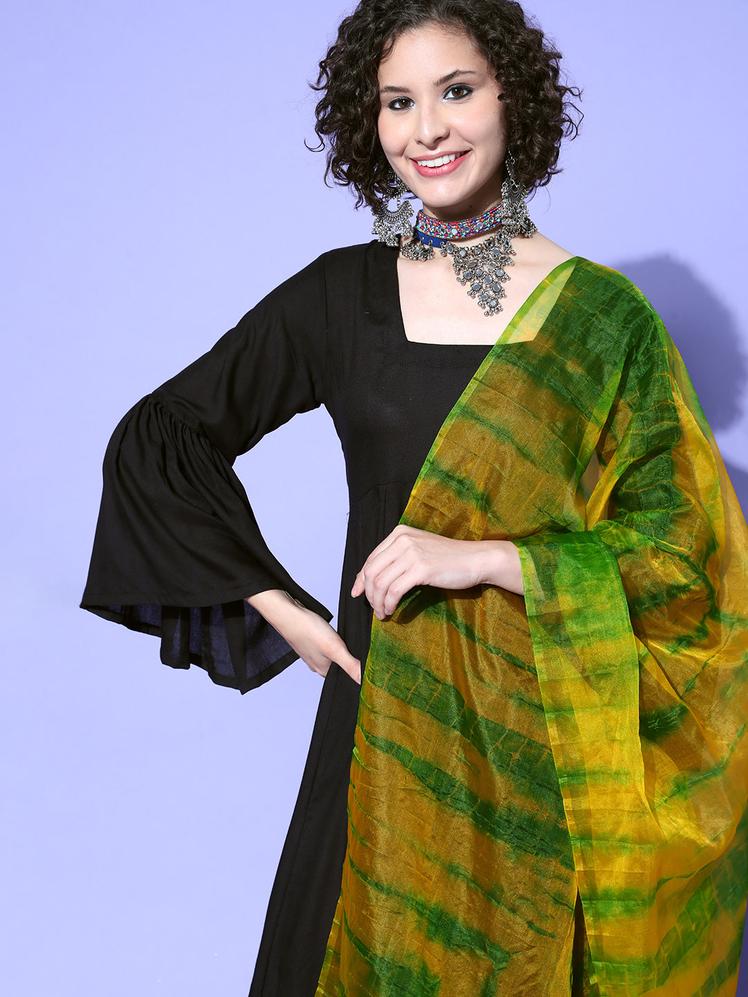 Solid Black Long Dress With Mustard Green Dupatta Solid Black Long Dress With Mustard Green Dupatta