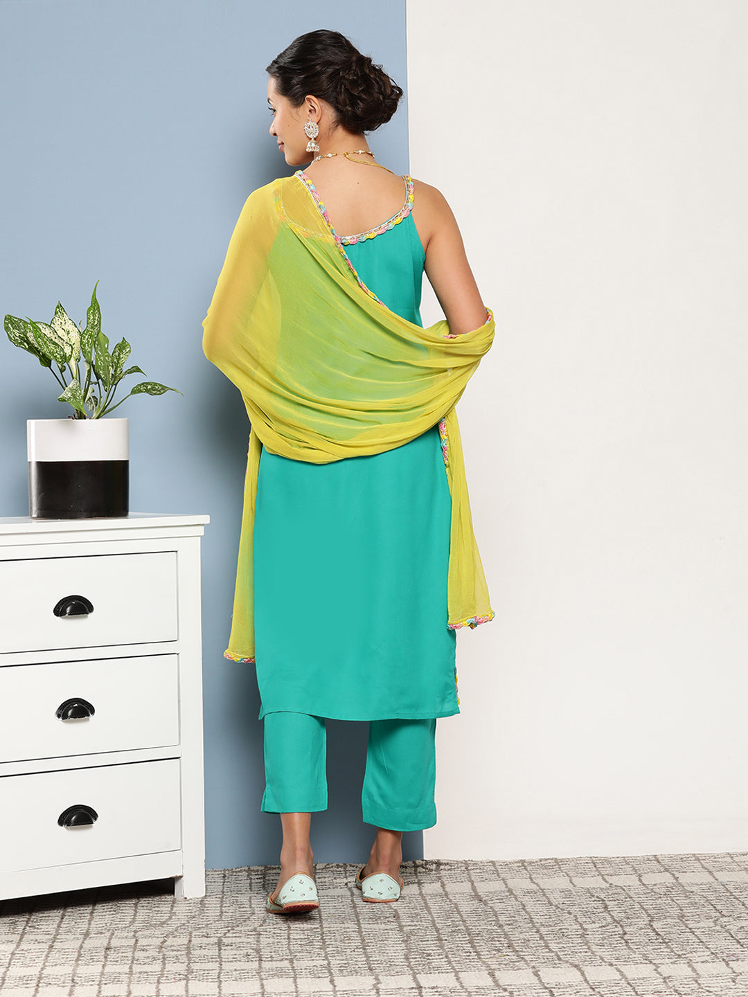 Teal Lace Work Straight Strappy Kurta Set With Lime Green Chiffon Dupatta