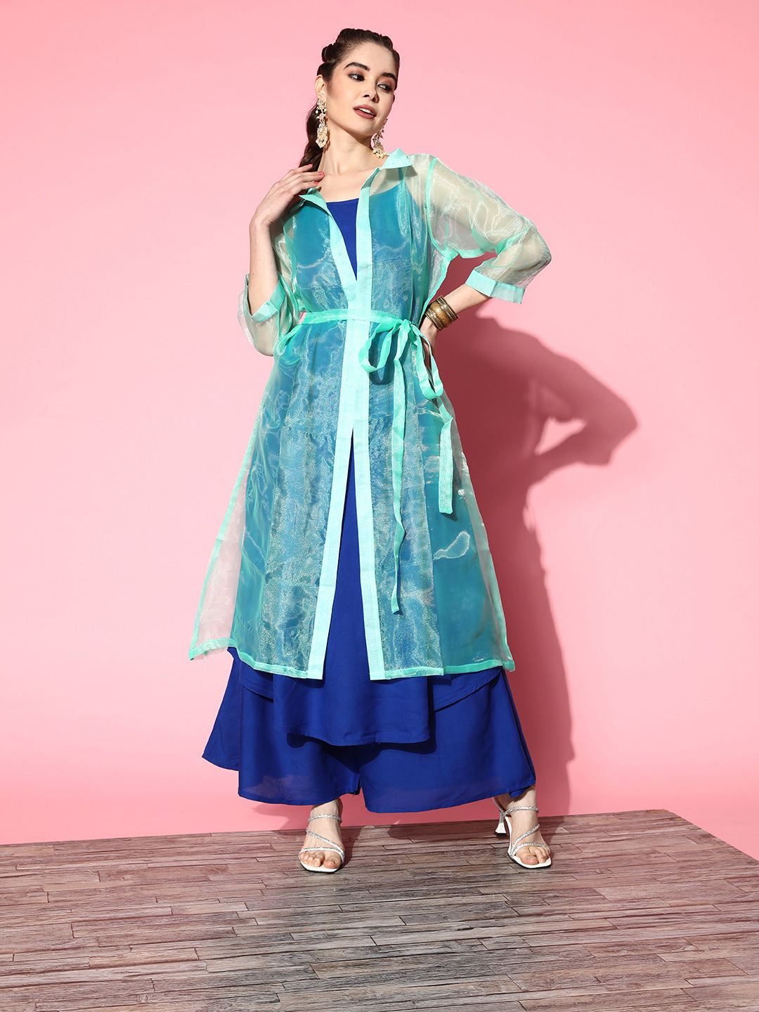 INK BLUE STRAPPY KURTA SET WITH TEAL ORGANZA CAPE