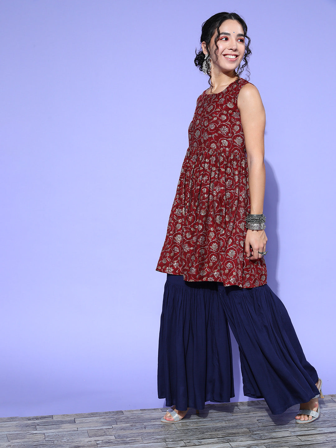 Burgundy Printed Kurta Sharara Set With Blue Organza Dupatta