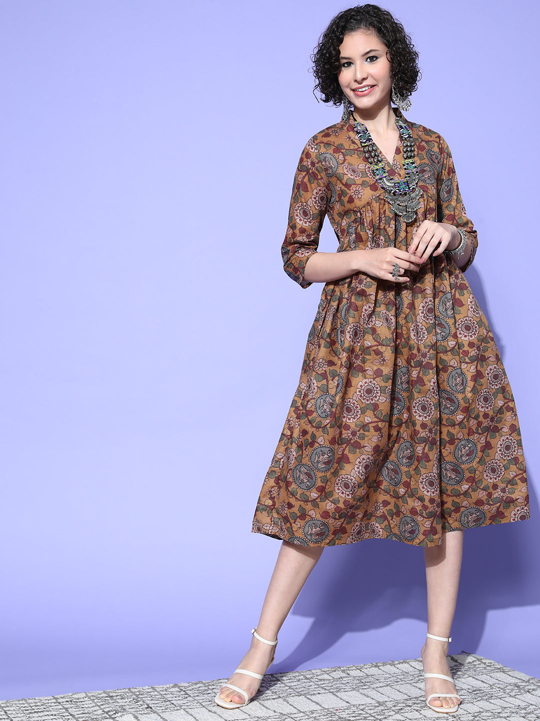 Ochre Mustard Kalamkari Print Dress - InWeave Ochre Mustard Kalamkari Print Dress - InWeave