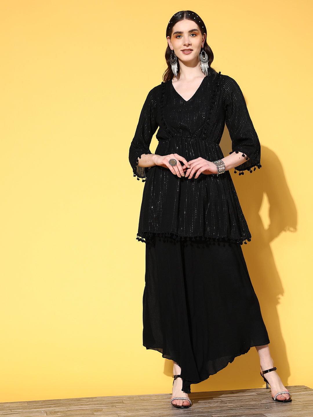 Black Lurex Lace Dress Palazzo Co-Ord Set