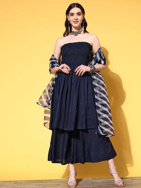 Navy Mirror Work Off Shoulder Kurta Set With Dupatta
