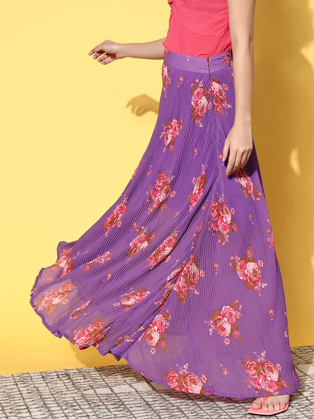 Purple Floral Print Pleated Skirt