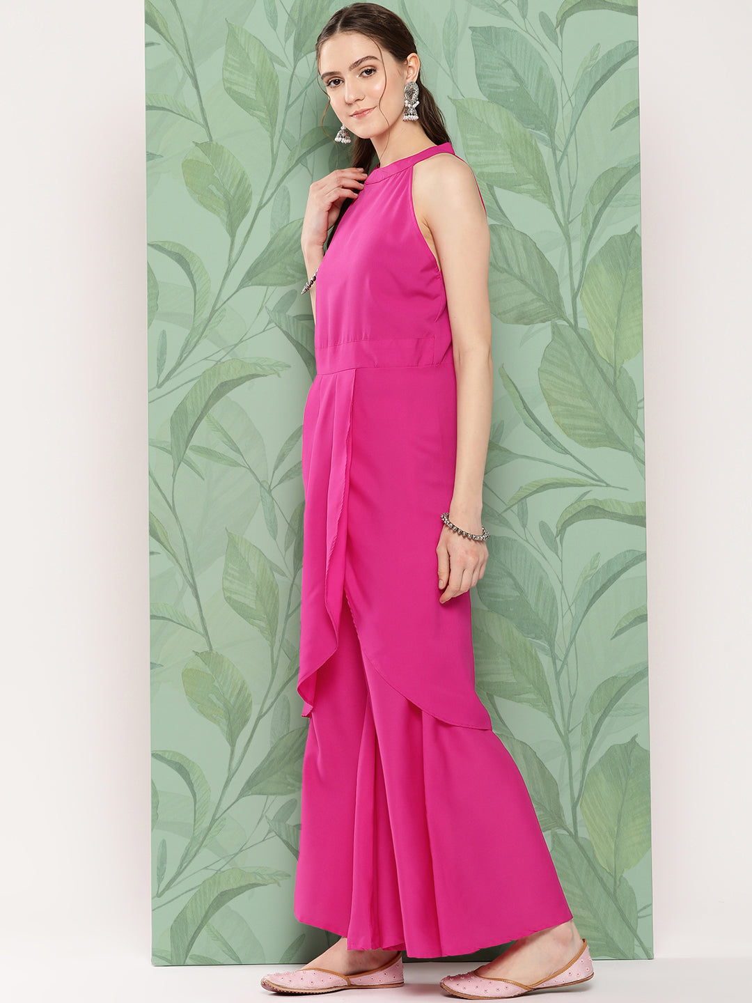 Magenta Pleated Halter Kurta Palazzo Set W White Pink Or Dupatta
