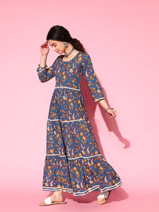 BLUE FLORAL PRINT DRESS WITH LACE - InWeave