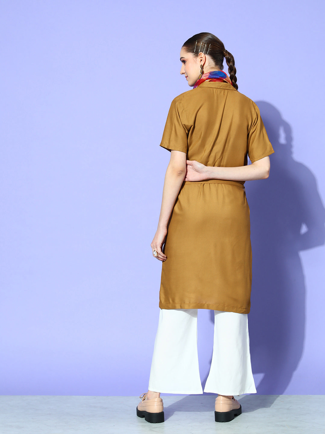 CAMEL BROWN CREAM PANT COORD SET WITH MAROON ABSTARCT SCARF