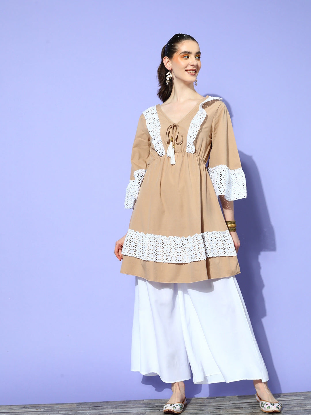 Beige Lacy Work Dress Palazzo Co-Ord Set
