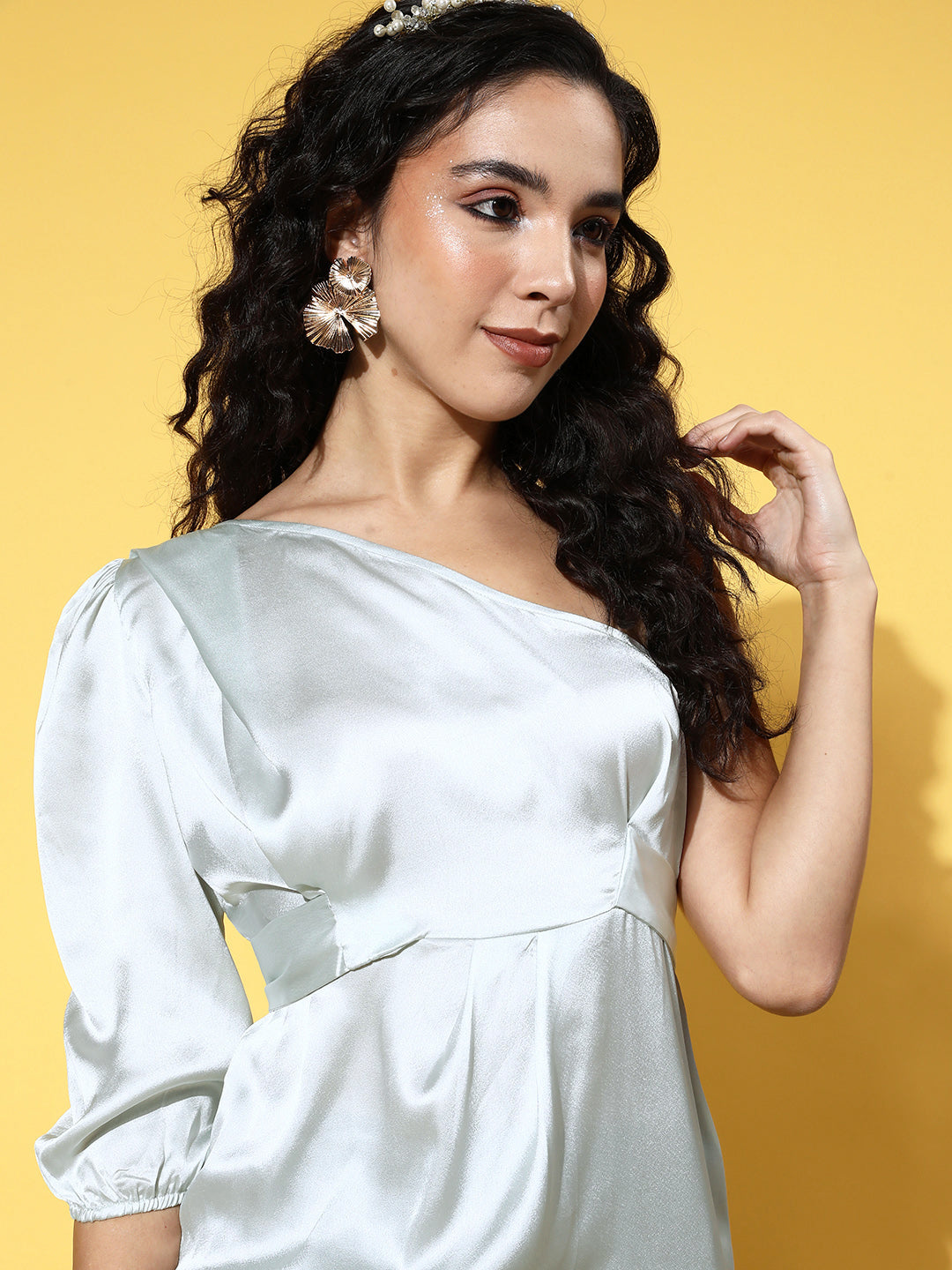 One Shoulder Satin Top In Silver Colour