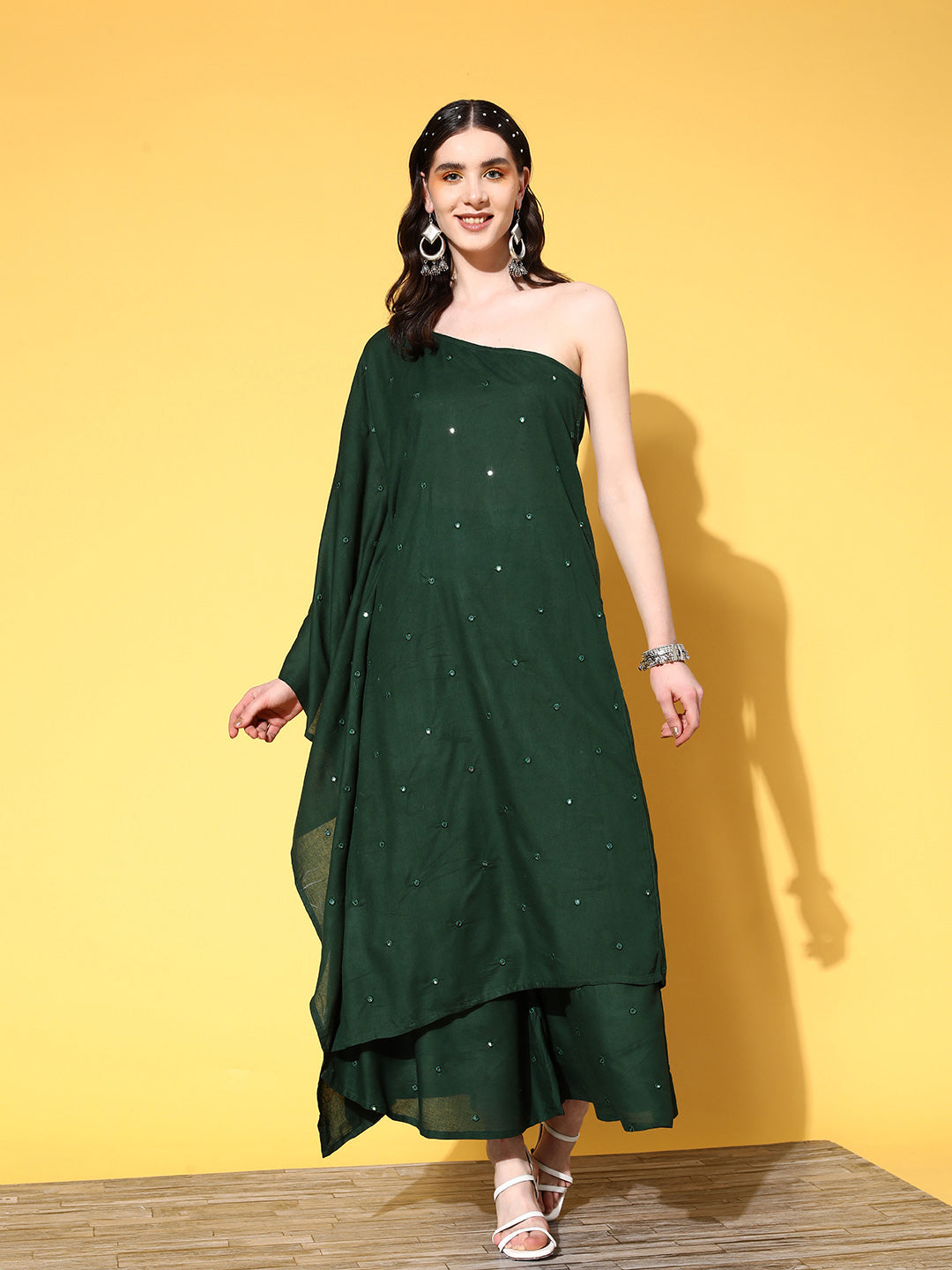 Green Mirror Work One Shoulder Kurta Set